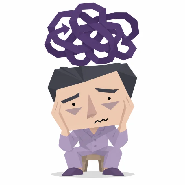 An original geometric character sitting beneath a purple tangle of thoughts